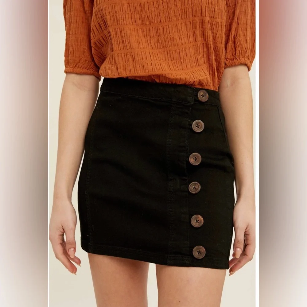Free People Black Denim Button Front Mini Skirt Size 2